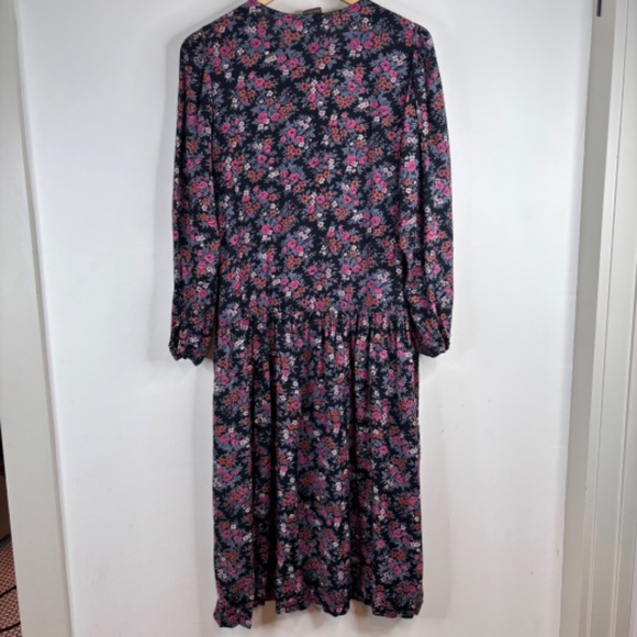 Vintage Komil Dark Floral Midi Dress L Prairie Long Sleeve Boho Cottage Pockets - Picture 5 of 12